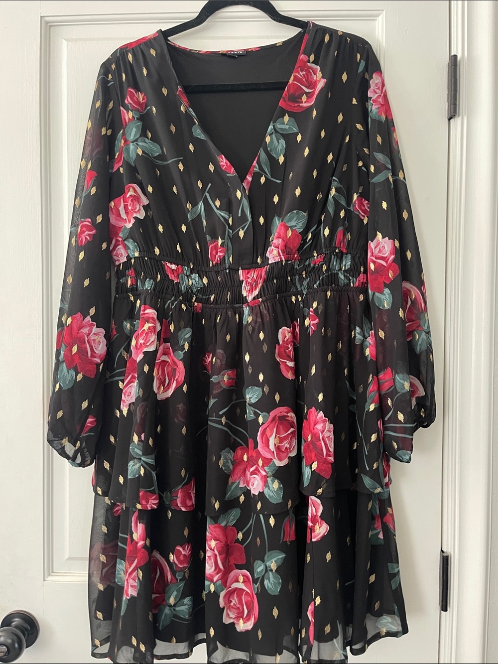 torrid Black Floral Tiered Dress with Gold Accents
